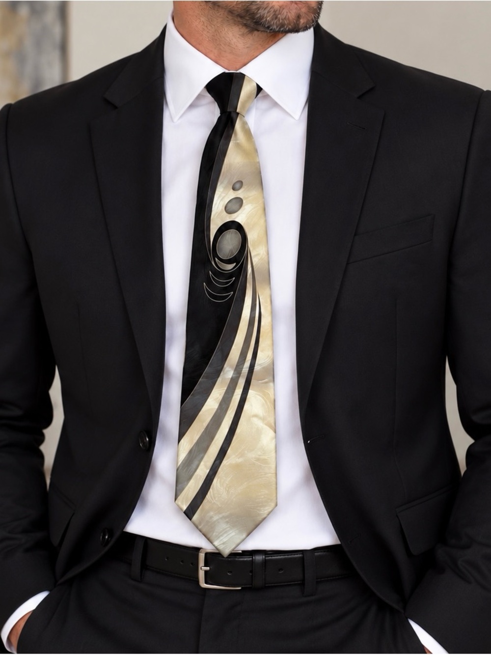 Ottimo Uomo Black & Beige Graphic Silk Tie - Contemporary Formal Style